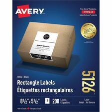AveryÂ® Internet Shipping Labels, TrueBlock(R) Technology, Permanent Adhesive, 5-1/2" x 8-1/2" , 200 Labels (5126) - 5 1/2" Height x 8 1/2" Width - Permanent Adhesive - Rectangle - Laser - Bright White - Paper - 2 / Sheet - 100 Total Sheets - 200 Total Label(s) - 200 / Pack