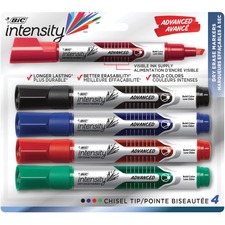 BIC Intensity Advanced Dry Erase Markers, Tank Style, Chisel Tip, Assorted colours, 4-Count Pack, Dry Erase Markers for College Supplies and School Supplies - Chisel Marker Point Style - Assorted - 4 / Pack