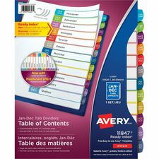 Avery Ready Index Customizable Table of Contents Dividersfor Laser and Inkjet Printers, Jan-Dec tabs, 1 set - 12 x Divider(s) - Jan-Dec - 12 Tab(s)/Set - 8.50" Divider Width x 11" Divider Length - 3 Hole Punched - White Paper Divider - Multicolor Paper Tab(s) - Recycled - 12 / Set