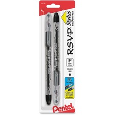 Pentel R.S.V.P. Stylus Ballpoint Pen - Fine Pen Point - Refillable - Black Ink - Clear Barrel - 2 / Pack