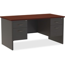Lorell Fortress Modular Series Double-Pedestal Desk - 60" x 30" , 1.1" Top - 2 x Box, File Drawer(s) - Double Pedestal - Material: Steel - Finish: Mahogany Laminate, Charcoal - Scratch Resistant, Stain Resistant, Ball-bearing Suspension, Grommet, Handle, Cord Management, Adjustable Glide