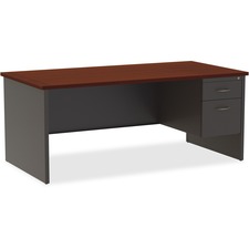 Lorell Fortress Modular Series Right-Pedestal Desk - 72" x 36" , 1.1" Top - 2 x Box, File Drawer(s) - Single Pedestal on Right Side - Material: Steel - Finish: Mahogany Laminate, Charcoal - Scratch Resistant, Stain Resistant, Ball-bearing Suspension, Grommet, Handle, Cord Management, Adjustable Glide, Lockable Drawer