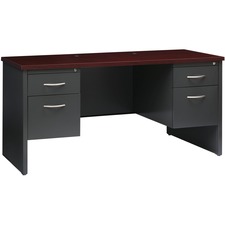 Lorell Fortress Modular Series Double-pedestal Credenza - 60" x 24" , 1.1" Top - 2 x Box, File Drawer(s) - Double Pedestal - Material: Steel - Finish: Mahogany Laminate, Charcoal - Scratch Resistant, Stain Resistant, Ball-bearing Suspension, Grommet, Handle, Cord Management, Adjustable Glide
