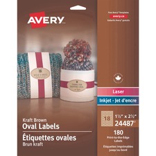 Avery&reg; Kraft Brown Oval Labels - 2 1/2" (63.50 mm) Width x 1 1/2" (38.10 mm) Length - Oval - Laser, Inkjet - Brown - Kraft - 18 / Sheet - 180 / Pack