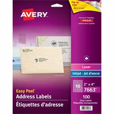 AveryÂ® Easy Peel Address Labels - 4" x 2" Length - Rectangle - Laser, Inkjet - Clear - 10 / Sheet - 100 / Pack