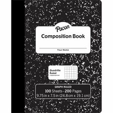 Pacon Composition Book - 100 Sheets - 200 Pages - Quad Ruled - 0.20" Ruled - 9.75" x 7.5" x 0.1" - White Paper - Black Marble Cover - Durable, Hard Cover - 1 Each
