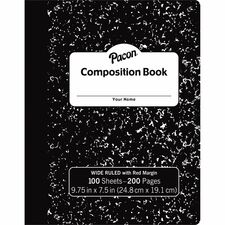 Pacon Composition Book - 100 Sheets - 200 Pages - Wide Ruled - 0.38" Ruled - Red Margin - 9.75" x 7.5" x 0.1" - White Paper - Black Marble Cover - Durable, Hard Cover - 1 Each