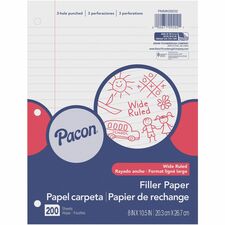 Pacon Wide Ruled Filler Paper - 200 Sheets - Wide Ruled - 0.38" Ruled - Red Margin - 3 Hole(s) - 8" x 10 1/2" - White Paper - Smooth, Punched - 200 / Pack