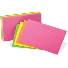 Oxford Neon Glow Ruled Index Cards - Front Ruling Surface - Ruled - 3" x 5" - Assorted Paper - Recycled - 300 / Pack