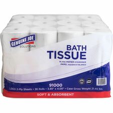 Genuine Joe Solutions Double Capacity Bath Tissue - 2 Ply - 1000 Sheets/Roll - 0.71" Core - White - Virgin Fiber - 36 / Carton