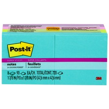 Post-itÂ® Super Sticky Notes - Supernova Neons Color Collection - 720 x Multicolor - 2" x 2" - Rectangle - 90 Sheets per Pad - Aqua Splash, Acid Lime, Tropical Pink, Iris Infusion - Paper - Self-adhesive, Recyclable - 8 / Pack