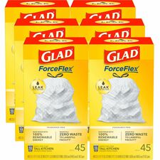 Glad ForceFlex Tall Kitchen Drawstring Trash Bags - 13 gal Capacity - 24" Width x 27" Length - 1 mil (25 Micron) Thickness - Drawstring Closure - White - Plastic - 6/Carton - 45 Per Box - Breakroom, School, Waste Disposal, Restaurant, Office, Kitchen