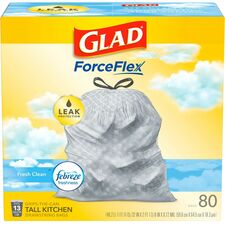 Glad ForceFlex Tall Kitchen Drawstring Trash Bags - Fresh Clean with Febreze Freshness - 13 gal Capacity - 0.78 mil (20 Micron) Thickness - Drawstring Closure - White - 80/Box - 80 Per Box - Kitchen, Garbage, Home, Breakroom, Cafeteria, Restaurant, Commercial
