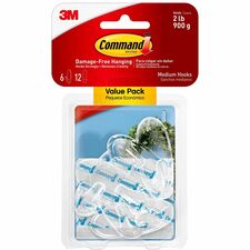 Command Medium Hooks - 2 lb (907.2 g) Capacity - Clear - 12 / Pack