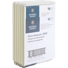 Business Source Steno Notebook - 70 Sheets - Wire Bound - Gregg Ruled Margin - 15 lb Basis Weight - 6" x 9" - Green Paper - Stiff-back - 12 / Pack
