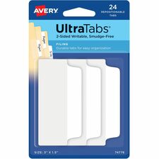 Avery® UltraTabs Filing Tabs - 24 Tab(s) - 1.50" Tab Height x 3" Tab Width - Clear Film, White Paper Tab(s) - 24 / Pack