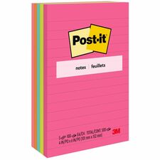 Post-it® Notes Original Notepads - Poptimistic Color Collection - 4" x 6" - Rectangle - 100 Sheets per Pad - Ruled - Power Pink, Neon Green, Aqua, Neon Orange, Guava Pink - Self-adhesive, Self-stick - 5 / Pack