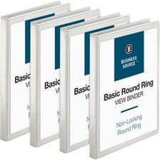 Business Source Round-ring View Binder - 1/2" Binder Capacity - Letter - 8 1/2" x 11" Sheet Size - 125 Sheet Capacity - Round Ring Fastener(s) - 2 Internal Pocket(s) - Polypropylene - White - Sturdy, Non-glare, Exposed Rivet, Durable, Wrinkle-free, Gap-free Ring, Clear Overlay, Non Locking Mechanism - 4 / Bundle