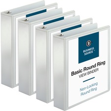 Business Source Round-ring View Binder - 2" Binder Capacity - Letter - 8 1/2" x 11" Sheet Size - 475 Sheet Capacity - Round Ring Fastener(s) - 2 Internal Pocket(s) - Polypropylene - White - Wrinkle-free, Gap-free Ring, Clear Overlay, Non Locking Mechanism, Sturdy, Non-glare, Durable - 4 / Bundle