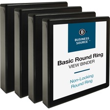 Business Source Round Ring View Binder - 1 1/2" Binder Capacity - Letter - 8 1/2" x 11" Sheet Size - 350 Sheet Capacity - Round Ring Fastener(s) - 2 Internal Pocket(s) - Chipboard, Polypropylene - Black - No - Wrinkle-free, Gap-free Ring, Clear Overlay, Non Locking Mechanism, Sturdy, Non-glare, Durable - 4 / Bundle