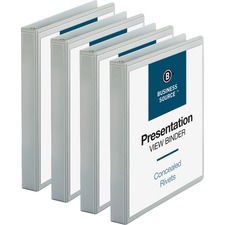 Business Source Standard View Round Ring Binders - 1" Binder Capacity - Letter - 8 1/2" x 11" Sheet Size - 225 Sheet Capacity - 3 x Round Ring Fastener(s) - 2 Internal Pocket(s) - Chipboard - White - 8 oz - Concealed Rivet, Non Locking Mechanism, Clear Overlay, Non-glare, Sturdy, Sheet Lifter - 4 / Bundle