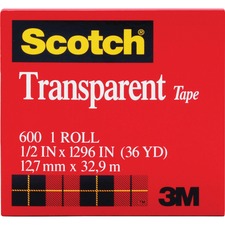 Scotch Transparent Tape - 1/2"W - 36 yd Length x 0.50" Width - 1" Core - Moisture Resistant, Stain Resistant, Long Lasting - For Multipurpose, Mending, Packing, Label Protection, Wrapping - 12 / Pack - Clear