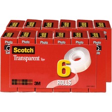 Scotch Transparent Tape - 3/4"W - 36 yd Length x 0.75" Width - 1" Core - Stain Resistant, Moisture Resistant, Long Lasting - For Wrapping, Sealing, Mending, Label Protection - 12 / Bundle - Clear