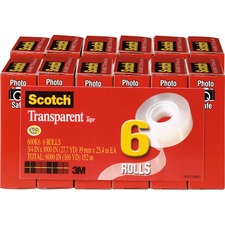 Scotch Transparent Tape - 3/4"W - 27.78 yd Length x 0.75" Width - 1" Core - Moisture Resistant, Stain Resistant, Long Lasting - For Mending, Packing, Multipurpose, Wrapping, Label Protection - 12 / Bundle - Clear