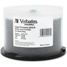 Verbatim DVD-R 4.7GB 16X DataLifePlus White Inkjet Printable, Hub Printable - 50pk Spindle - Inkjet Printable