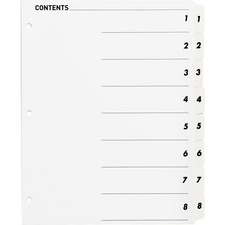 Business Source Table of Content Quick Index Dividers - Printed Tab(s) - Digit - 1-8 - 8 Tab(s)/Set - 8.50" Divider Width x 11" Divider Length - 3 Hole Punched - White Divider - White Mylar Tab(s) - 8 / Set