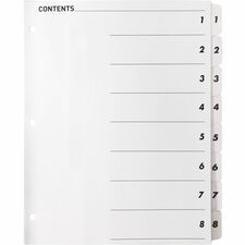 Business Source Table of Content Quick Index Dividers - Printed Tab(s) - Digit - 1-8 - 8 Tab(s)/Set - 8.50" Divider Width x 11" Divider Length - 3 Hole Punched - White Divider - White Mylar Tab(s) - 8 / Set