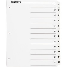 Business Source Table of Content Quick Index Dividers - Printed Tab(s) - Digit - 1-12 - 12 Tab(s)/Set - 8.50" Divider Width x 11" Divider Length - 3 Hole Punched - White Divider - White Mylar Tab(s) - 12 / Set