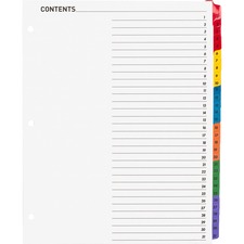 Business Source Table of Content Quick Index Dividers - Printed Tab(s) - Digit - 1-31 - 31 Tab(s)/Set - 8.50" Divider Width x 11" Divider Length - 3 Hole Punched - Multicolor Divider - Multicolor Mylar Tab(s) - 31 / Set