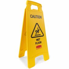 Rubbermaid Commercial "Caution Wet Floor" Sign, 2 Sided, 26" , Yellow - Print/Message "Caution Wet Floor" - 11" (279.40 mm) Width x 25" (635 mm) Height x 26" (660.40 mm) Depth - Double Sided - Lightweight, Foldable, Carry Handle - Doorway, Storage, Janitor Cart - Yellow