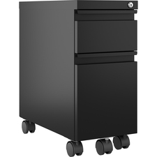 Lorell 5th Wheel Slim Pedestal - 10" x 19.9" x 21.8" for File, Box - Letter, Legal - Anti-tip, Hanging Rail, Locking Drawer, Compact, Casters - Black - Metal - Recycled - Assembly Required