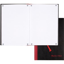 Black n' Red Casebound Business Notebook - 96 Sheets - Case Bound - Ruled9.9" x 7" - Black/Red Cover - Bleed Resistant, Ink Resistant, Smooth, Hard Cover, Ribbon Marker - 1 Each