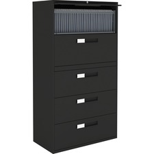 Global 9300 Series Centre Pull Lateral File - 5-Drawer - 18" x 36" x 65.3" - 5 x Drawer(s) for File - Letter, Legal, A4 - Lateral - Hanging Bar, Interlocking, Anti-tip, Pull Handle, Ball-bearing Suspension, Leveling Glide, Lockable, Durable, Reinforced - Black - Steel