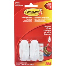 Command Small Designer Hook - 453.6 g Capacity - for Indoor, Painted Surface, Wood, Tile - White - 1 / Pack