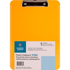 Business Source Flat Clip Clipboard - 9" x 12" - Plastic - Neon Orange - 1 Each