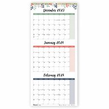 Blueline 3-Month Colorful Wall Calendar - Professional - Julian Dates - Monthly - 14 Month - December 2023 - January 2025 - 3 Month Single Page Layout - 12 1/4" x 27" Sheet Size - Twin Wire - Hook & Loop - Floral - Paper - Notes Area, Reminder Section, Moon Phases, Holiday Listing, Unruled Daily Block, Four-Color Floral Photos, Full-Color Photos of Floral Garden - 1 Each