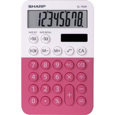Sharp 8-digit Large Desktop Calculator - 3-Key Memory, Dual Power, Angled Display, Automatic Power Down, Extra Large Key - 8 Digits - LCD - Battery/Solar Powered - 1 - LR54 - 0.9" x 3" x 4.7" - Pink - Plastic - Desktop - 1 Each