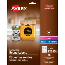 Avery Glossy Clear Round Labels2" Diameter, Permanent Adhesive, for Laser and Inkjet Printers - - Height2" Diameter - Permanent Adhesive - Round Scallop - Laser, Inkjet - Glossy Clear - 12 / Sheet - 8 Total Sheets - 96 / Pack