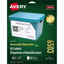 Avery® Removable ID Labels for Laser and Inkjet Printers - 8 1/2" Width x 11" Length - Removable Adhesive - Rectangle - Laser, Inkjet - White - 1 / Sheet - 10 Total Sheets - 10 Total Label(s) - 10 / Pack