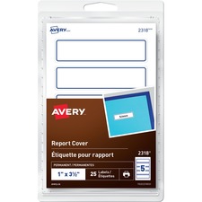 AveryÂ® Report Cover Labels for Laser and Inkjet Printers, 1" x 3½" - 1" Width x 3 1/2" Length - Permanent Adhesive - Rectangle - Inkjet, Laser - White, Blue - Vinyl - 5 / Sheet - 5 Total Sheets - 25 Total Label(s) - 25 / Pack