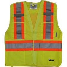 Viking 5pt. Tear Away Safety Vest - Recommended for: Building, Construction, Outdoor, School, Emergency, Warehouse, Law Enforcement, Industrial - Reflective, Two-strap Design, D-ring, Hook & Loop, Multiple Pocket, Breathable, High Visibility - Small/Medium Size - Strap Closure - Polyester - Lime Green - 1 Each
