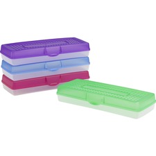 Storex Stretch Pencil Box, Assorted Colors (12 units/pack) - External Dimensions: 5.6" Length x 13.4" Width x 2.5" Height - Snap Latch Closure - Plastic - Assorted, Clear - For Pencil, Pen, Scissors - 1 Each