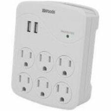 Woods 6-Outlet Surge Tap, 1000 Joules, 2 USB - Indoor - White - 6 x AC Power, 2 x USB Type A - 1.80 kVA - 1000 J - 120 V AC Input - 30 kA