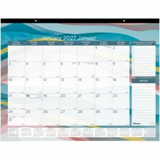 Blueline&reg; 2027 Colourful Monthly Desk Pad Calendar, 12 Months, January to December, 22" (558.80 mm) x 17" (431.80 mm), Azure, Bilingual - 1 Each - Monthly - 12 Month - January 2027 to December 2027 - 1 Month Single Page Layout - 22" (558.80 mm) x 17" (431.80 mm) Sheet Size - 2 x Holes - Desk Pad - Purple - Paper - 1 Each