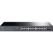 TP-Link 28-Port Gigabit Easy Smart Switch with 24-Port PoE+ - 28 Ports - Manageable - 2 Layer Supported - Modular - 2 SFP Slots - 27 W Power Consumption - 250 W PoE Budget - Optical Fiber, Twisted Pair - PoE Ports - 1U - Rack-mountable, Desktop - 3 Year Limited Warranty