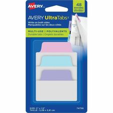 Avery UltraTabs" Multi-Use Repositionable, Two-Side Writable Tabs, 2" x 1-1/2" - 48 Tabs - 1.50" (38.10 mm) Tab Height x 2" (50.80 mm) Tab Width - Removable - Pastel Pink, Purple, and Blue - Durable, Repositionable, Double-sided, Writable, Smudge-free, Translucent, Easy Peel - 48 / Pack
